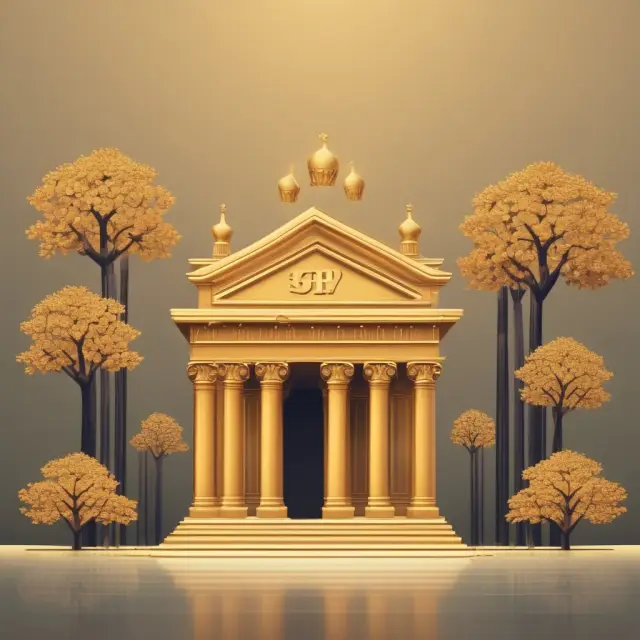 Golden pillars representing four prominent US online banks surrounded by blooming financial branches