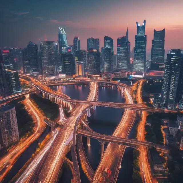 An image showing a digital marketplace merging with a cityscape through a bridge, representing the convergence of online and offline retail channels