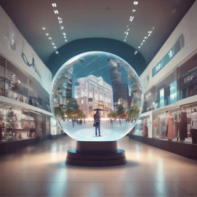 Augmented Reality shoppers browsing virtual mall shelves, personalized storefronts, and seamless digital-physical integration