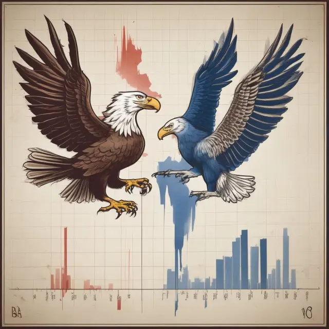 Two birds representing Canada and the United States, with executive teams flying over financial charts, illustrating competitive executive compensation in pension management