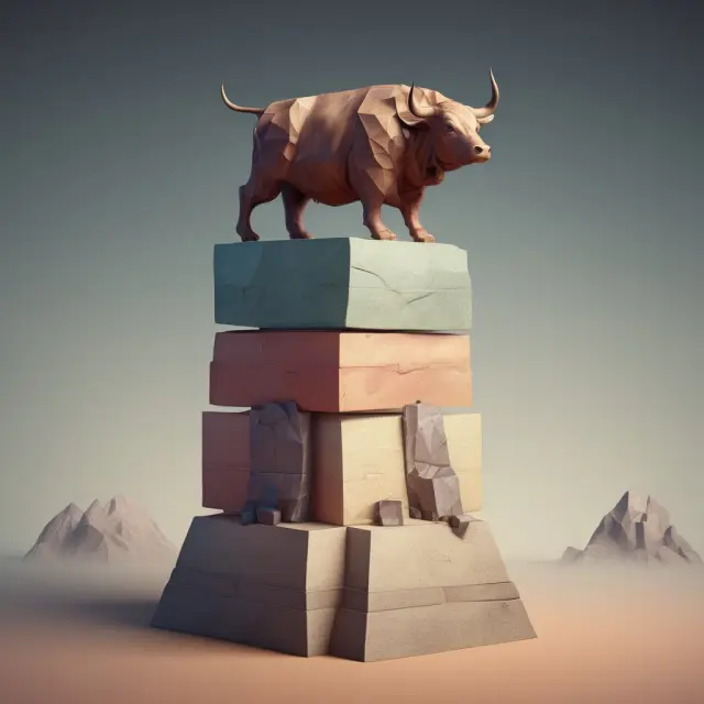 Bull and bear figures balanced on a stock market index pyramid, symbolizing optimized portfolio as listed securities (OPALS)