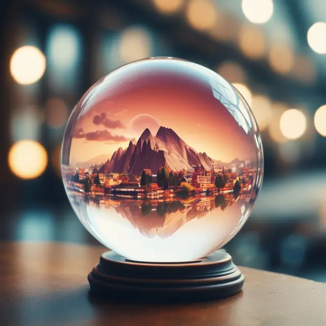 Crystal ball displaying evolving trends in opaque pricing within the travel sector, with a person traveling through various scenarios