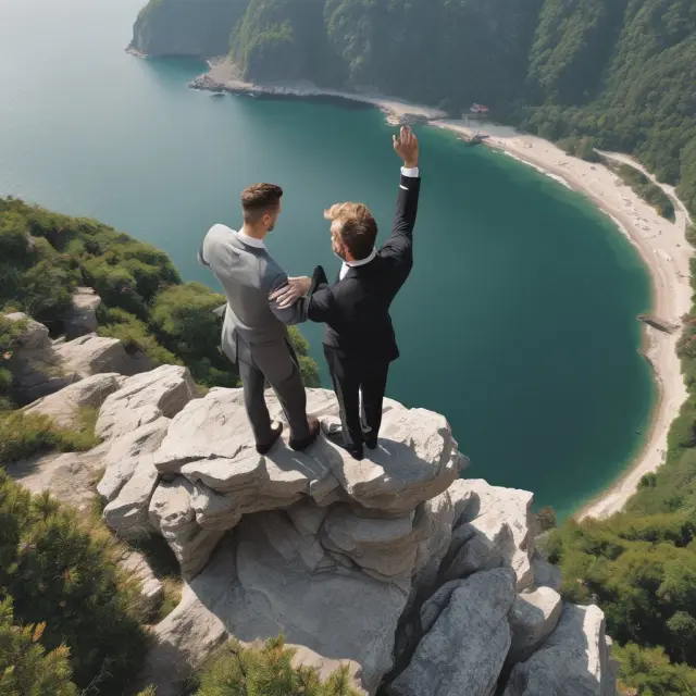 Parent company (Opco) and Property Company (Propco) joining hands at a cliff edge, creating a REIT. Separate entities, united for financial growth.