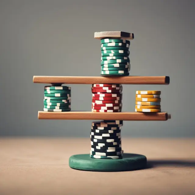 Casino chips representing business entities balanced on a seesaw, with labels 