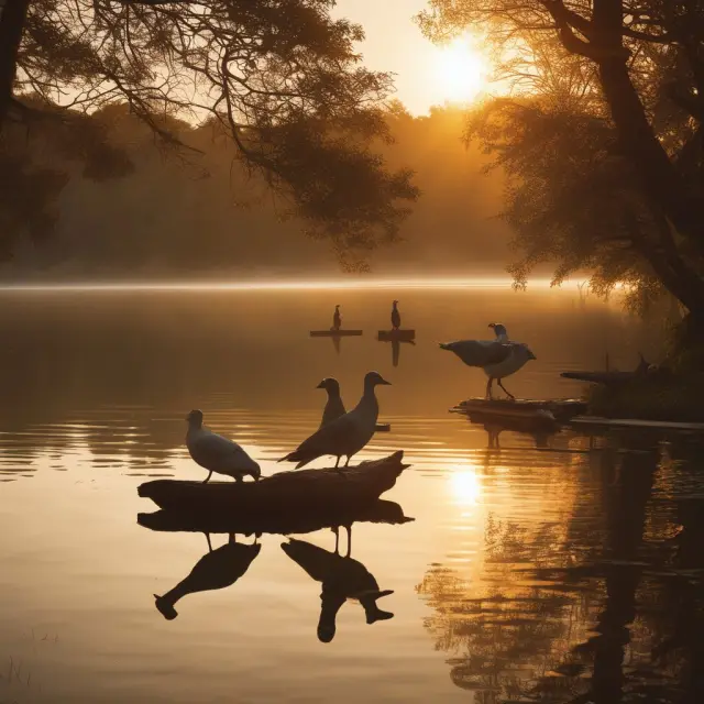 Golden sun sets over a serene lake; doves rest on a branch, symbolizing retirees enjoying health coverage, life insurance, and deferred compensation benefits.