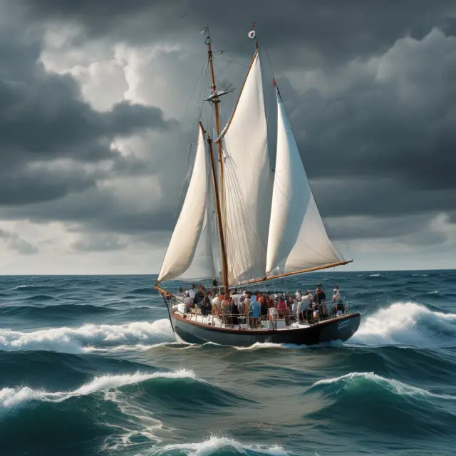 Retirees in a boat, with comprehensive health insurance represented by a protective umbrella, navigating the complexities of other post-employment benefits (OPEBs).