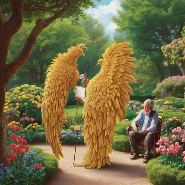 An employer as a mythical Phoenix offering life insurance policies to retirees, symbolizing financial protection and peace of mind