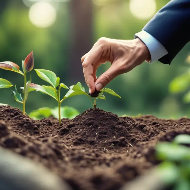 An executive sowing seeds (money) into a garden symbolizing deferred compensation, with mature plants representing future retirement income.