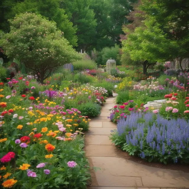 A flourishing garden filled with various post-employment benefits blossoming under the care of private sector, public institutions, labor unions, and educational roots