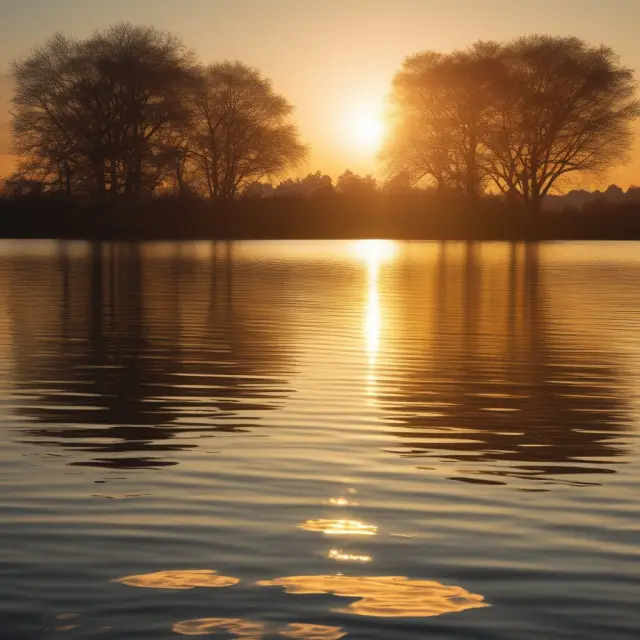 Golden sun setting over a calm lake, representing the uncertainty of retiree benefit guarantees