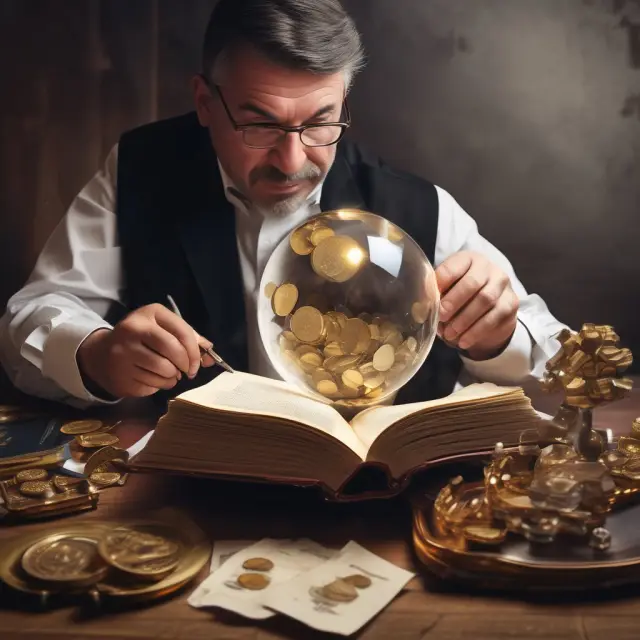 Accountant reviewing OPEBs, with open book and gold-filled crystal ball.