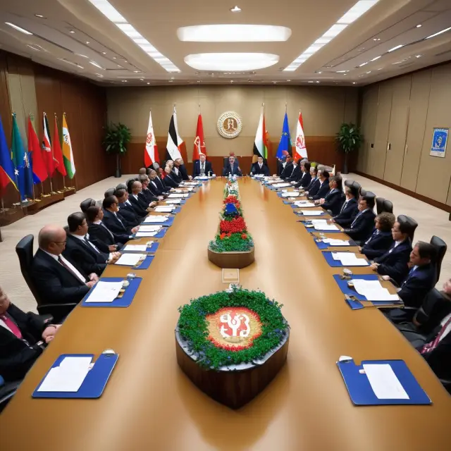 OPEC ministers discussing strategies at a conference table, influencing global oil markets
