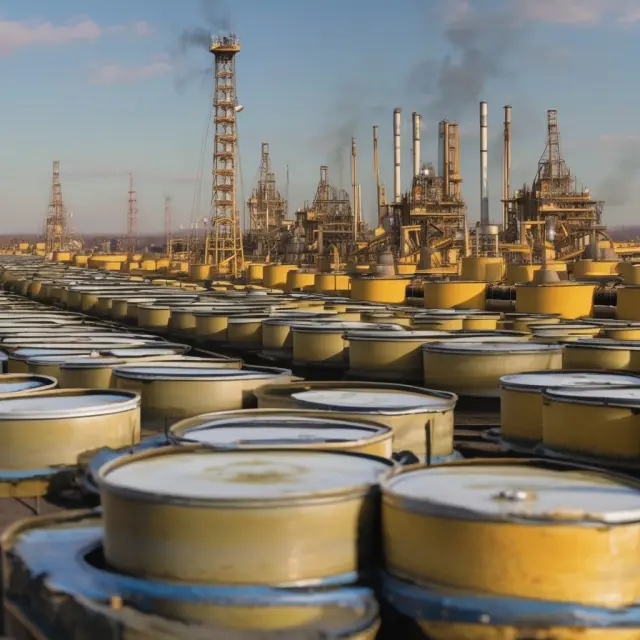 OPEC members gathered around a globe with fracking rigs and wind turbines, symbolizing the challenges from new technologies and green energy sources