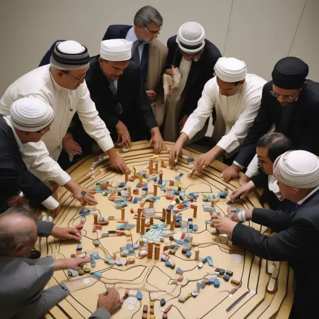 OPEC members discussing oil production quotas at a conference table. Collaborative decision making to manage global oil market.