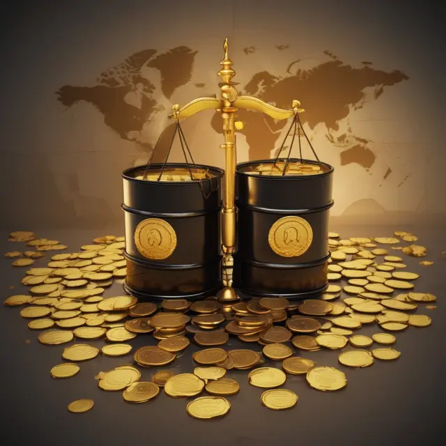 A golden scale with OPEC Basket barrels on one side and a world map on the other, representing the significant impact of the OPEC Basket price on global markets and economies.