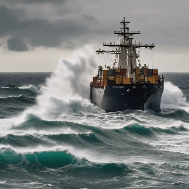 A tranquil sea with various marine shipping risks: pirates on a small boat, sinking vessel, stormy waves, and infested cargo