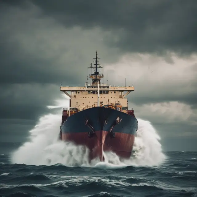 A sturdy ship navigating choppy waters represents Hull & Machinery insurance, while delicate packages onboard illustrate Cargo insurance in marine shipping.