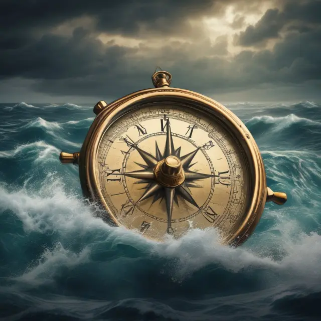 A golden compass steers a ship through turbulent seas, representing the protective benefits and flexibility of open cover marine insurance for high-volume shippers.