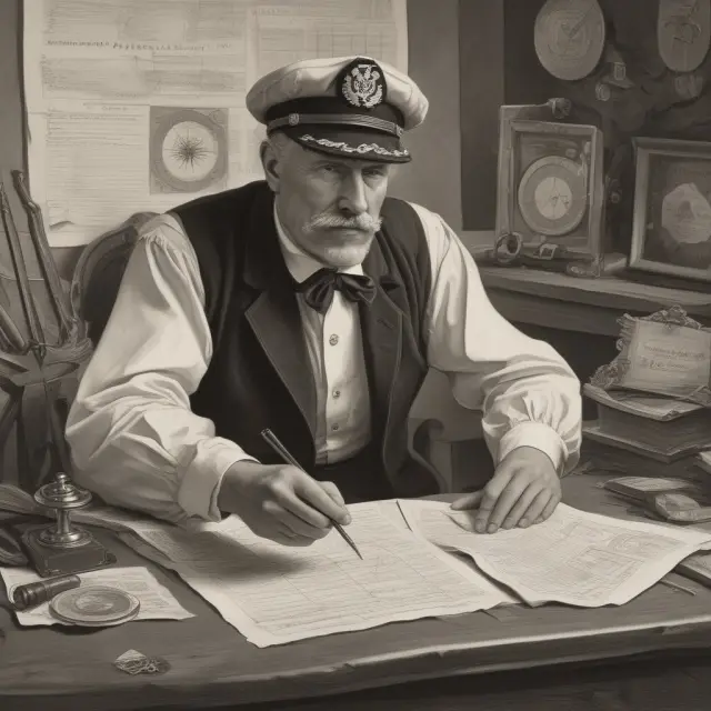 A captain skillfully steers a ship through turbulent waters while managing essential certificates, bills of lading, packing lists, insurance declarations, and vessel particulars