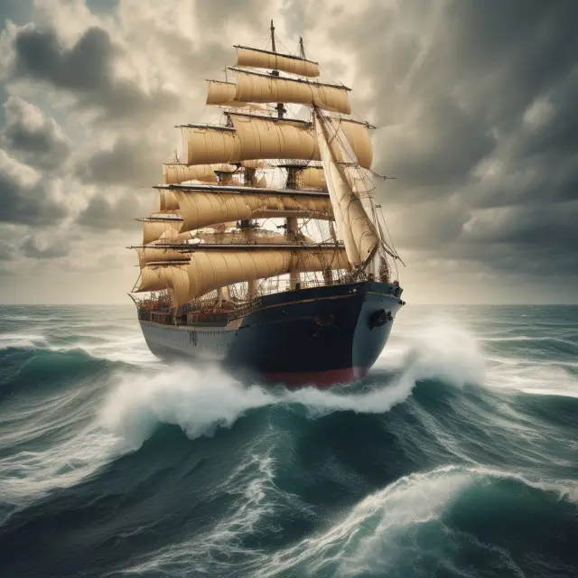 A wooden ship with golden cargo sails calmly through waves representing premium calculation factors such as risk profile, cargo value, and policy duration.