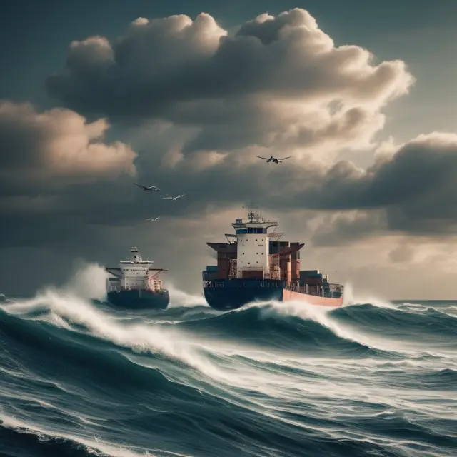 A serene ocean with marine insurance waves protecting diverse cargo ships, illustrating open cover marine insurance