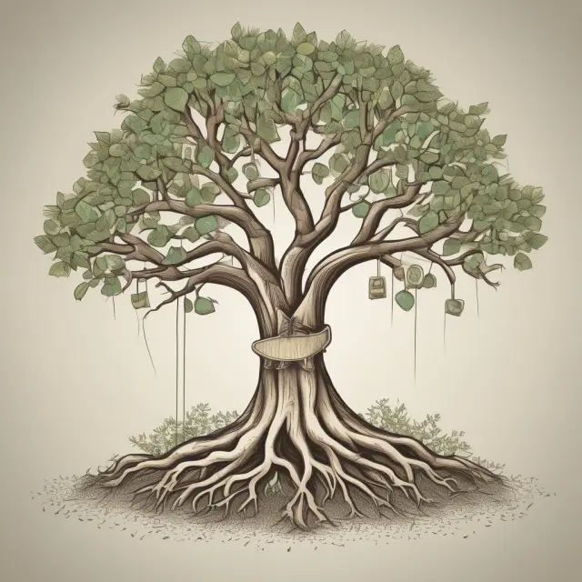 An open mortgage visualized as a flexible tree with roots representing the initial loan amount and branches signifying growth from additional borrowing