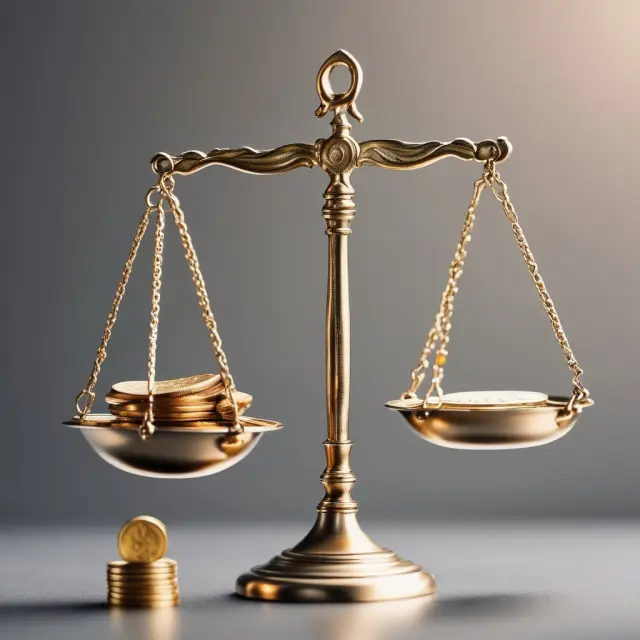 Golden scale with benefits (coins) on one side and challenges (silver coins) on the other, symbolizing pros and cons of investing in open-end funds