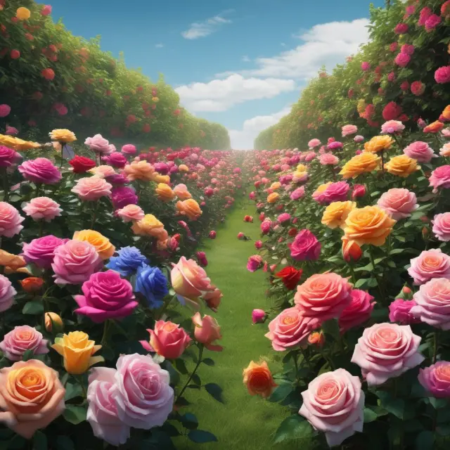 A garden filled with various flowers representing different investment types, with roses symbolizing open-end mutual funds for growth, liquidity, and investor accessibility