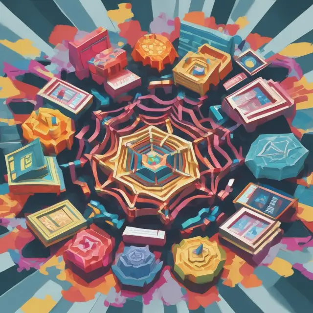 An intricate kaleidoscope mirroring the diverse strategies of open-end funds: passive vs active management, income generation, capital appreciation, and more.
