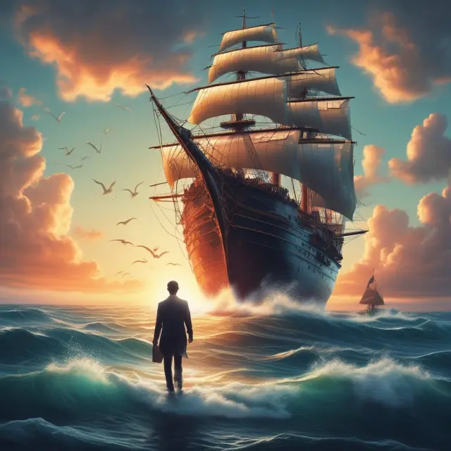 A portfolio manager steering a ship laden with various asset classes across a tranquil sea, symbolizing successful open-end fund investments.