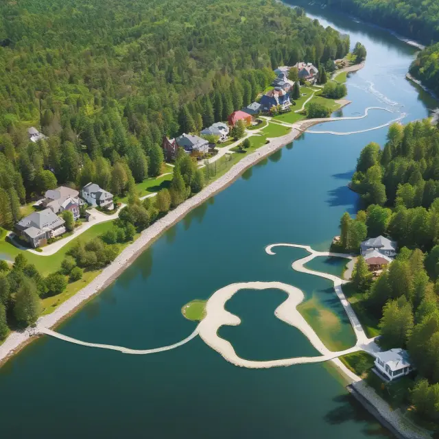 An open-end lease is portrayed as a versatile river, meandering through the diverse terrain of real estate transactions, representing flexibility in rental arrangements for both tenants and landlords