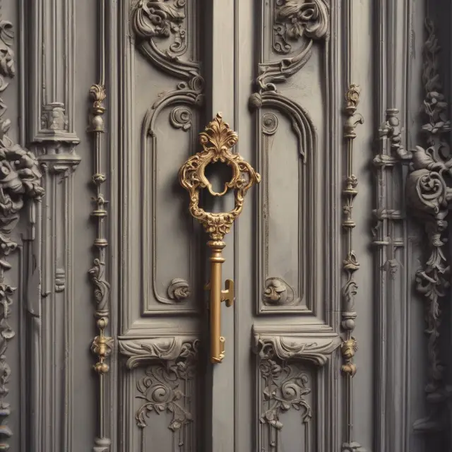 Image of a golden key unlocking a large wooden door, emphasizing the opportunity for visitors to explore and discover property treasures at open houses