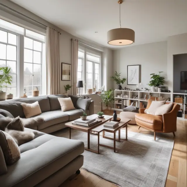 A home stager expertly arranging furniture, removing personal items and opening curtains to maximize natural light, readying a house for open houses