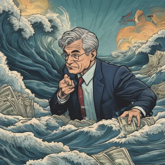 Federal Reserve Chairman guiding the flow of securities in an ocean of financial market fluctuations, symbolizing open-market operations and their influence on interest rates.