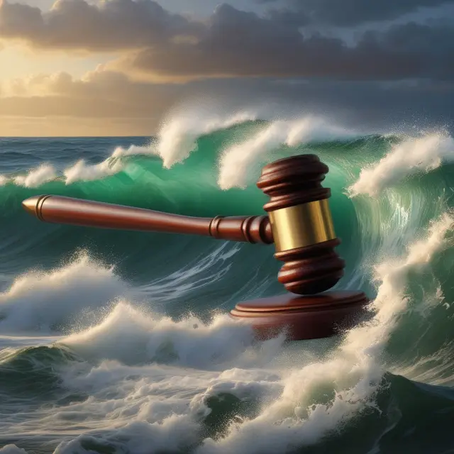 A Federal Reserve gavel causing waves in a vast ocean representing the impact on open-market interest rates