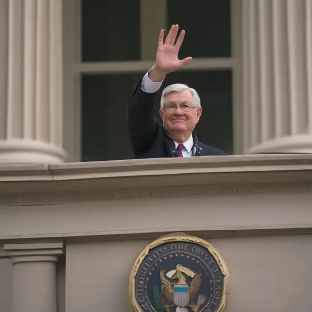 A Fed chairman standing atop the FOMC balcony, gesturing an upward motion to symbolize interest rate hikes