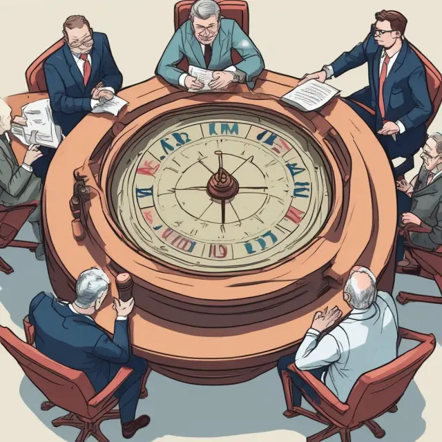 Members of the Federal Open Market Committee (FOMC) deliberating around a digital interest rate gauge
