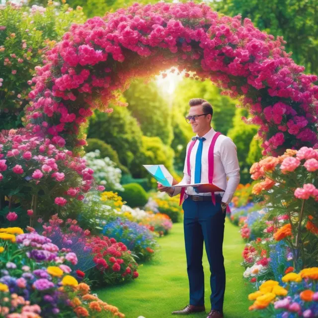 An investor tending to a lush garden of diverse open positions: long and short, buy-and-hold, and day trading