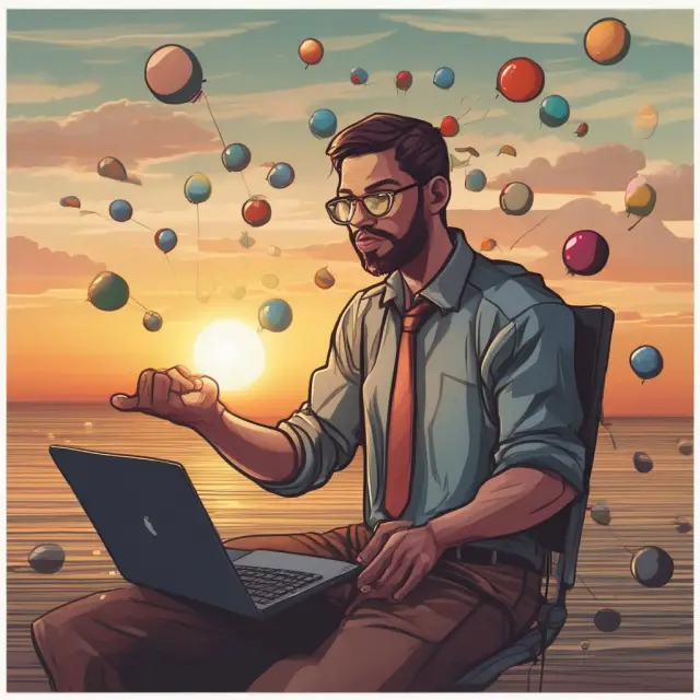 Day trader skillfully managing multiple open positions as the sun sets, symbolizing the importance of closing trades before market closure.