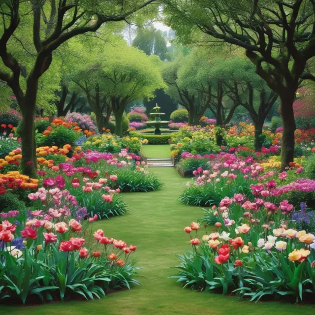 A vibrant garden filled with various flowers representing different stocks, bonds, commodities, and derivatives that help mitigate risks when holding a long position.