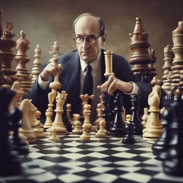 Short seller facing a market giant in a game of chess symbolizes the high-risk strategy of short selling and the potential for substantial gains or losses.
