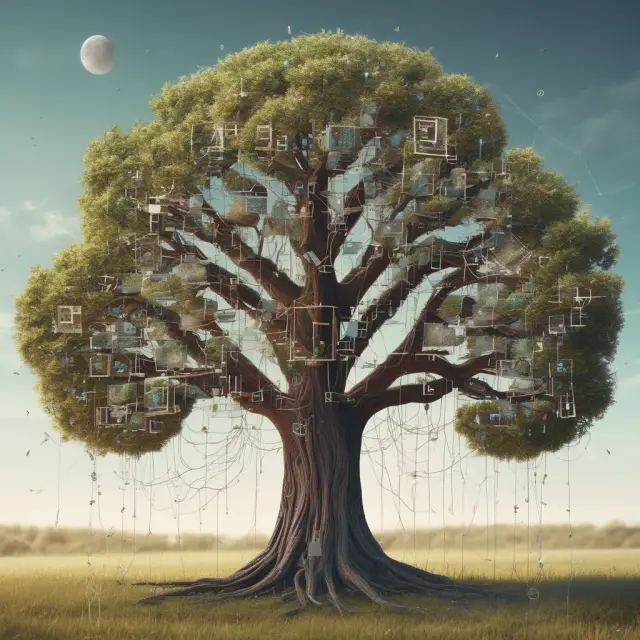 An image of an abstract tree made from intertwined code symbols, representing the growth and impact of open source education.