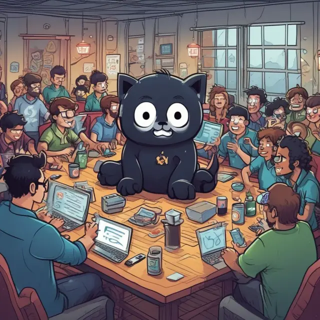 Octocat hosting an open source collaboration party with developers sharing ideas and codes