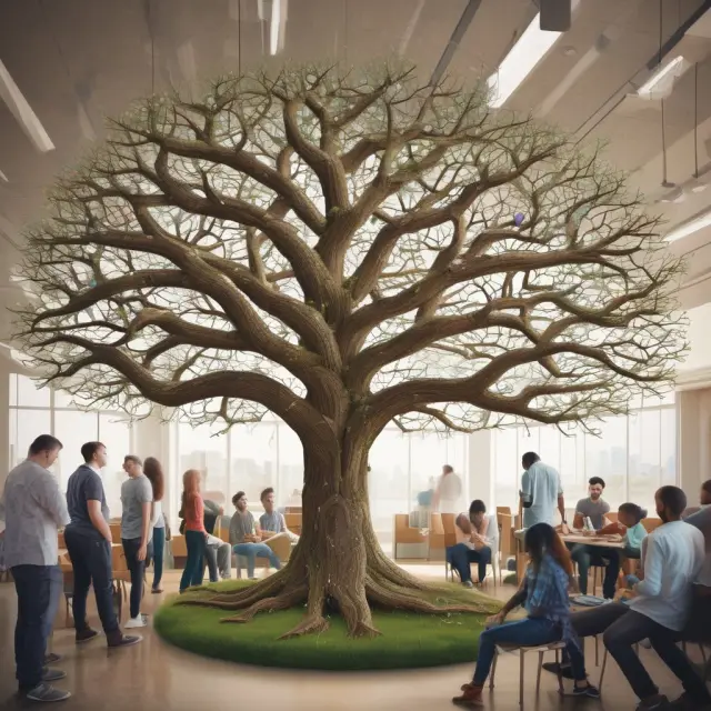A tree with diverse branches representing open source projects and the community weaving together through collaboration