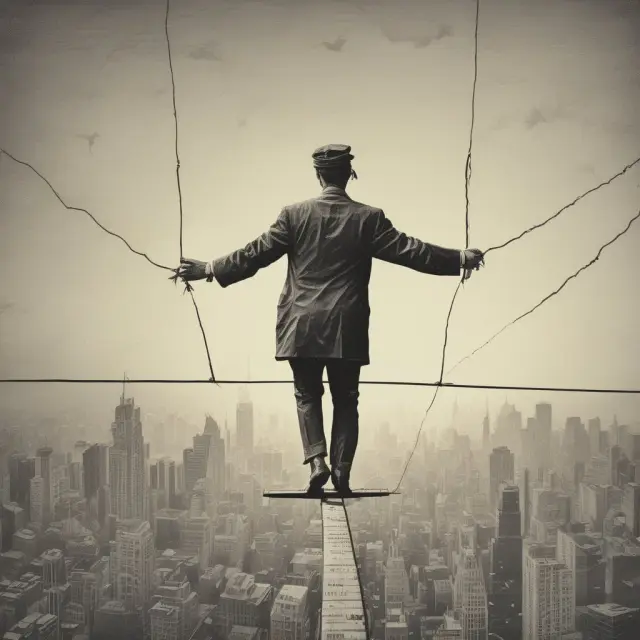 An investor balances on a tightrope above their account balance, with Open Trade Equity represented by weights. Margin call thresholds are shown as safety lines.