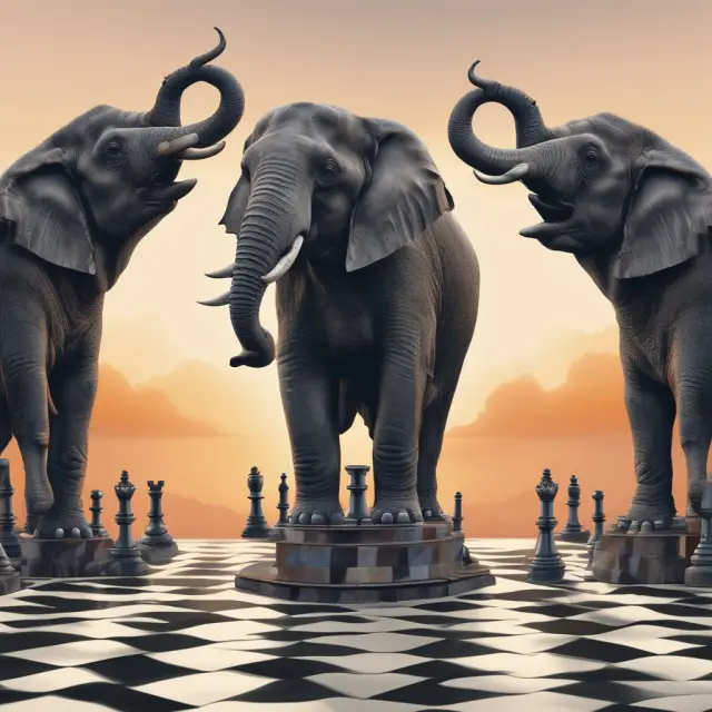 A chessboard at sunrise with opening cross knights and MOO elephants facing off, illustrating the choice between fair price processes (opening cross) and order control strategies (MOO).