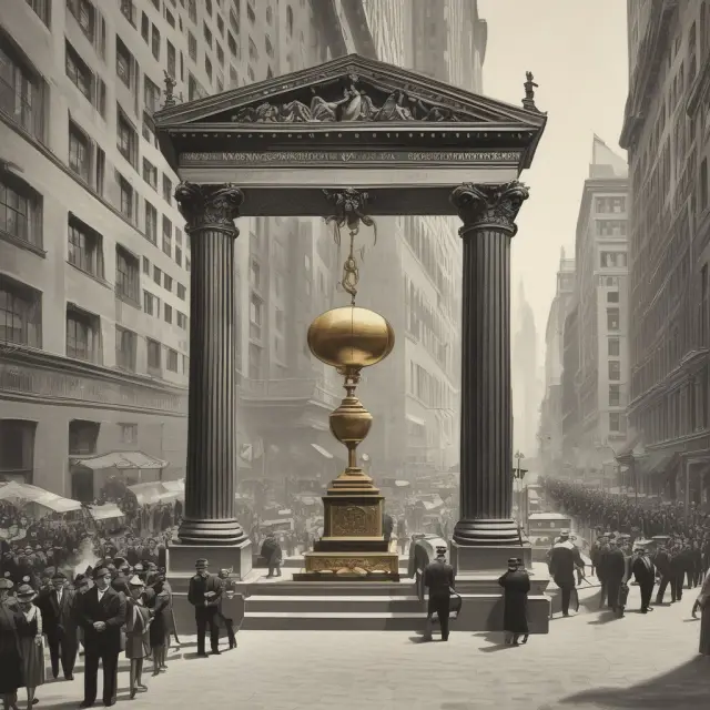 A time lapse illustration of the transformation from a gong to a brass bell, symbolizing the evolution of Wall Street