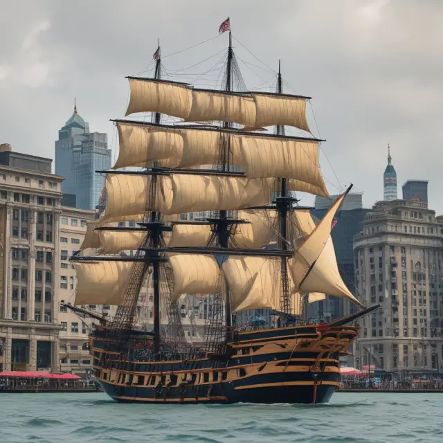 A media galleon sails towards a bustling stock exchange harbor to report live from the opening bell ceremony
