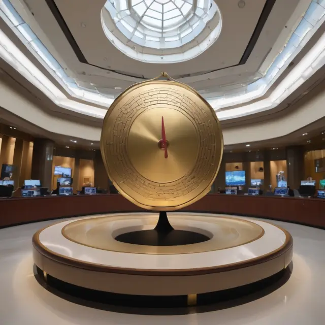 An intricately designed gong with a digital clock showing 9:30 AM, symbolizing the significance and tradition of the Wall Street opening bell ceremony