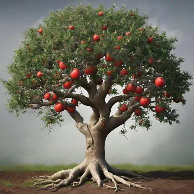Apple tree with branches symbolizing buy and sell orders, opening price diverging from closing price